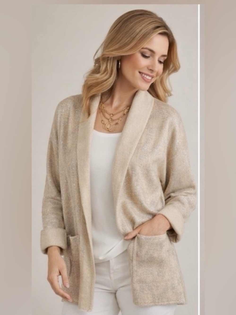 Chico’s 100% Wool Cardigan Jacket Beige Metallic Shimmer Open Front Size 1 - Picture 6 of 10